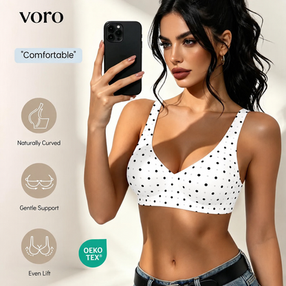 VORO Jelly Bra Polka Dots Deep V Seamless Bras Wireless Everyday T-shirt Bra Plunge with Wide Straps Comfort & Sexy