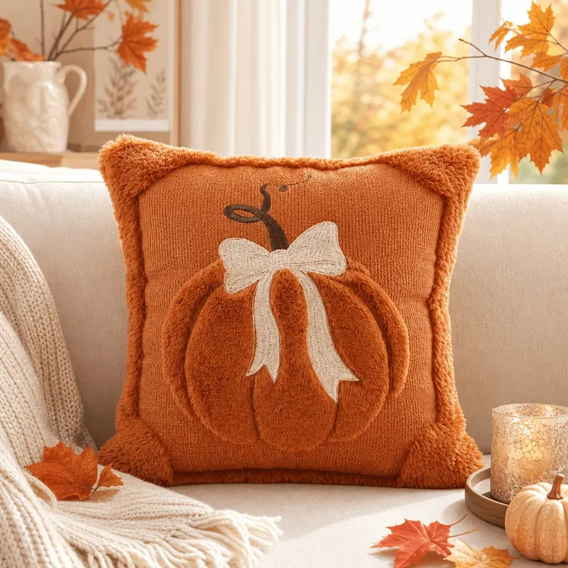 3D Jacquard Pumpkin Bow Cushion Covers, 18x18 in Home Replacement Options for Thanksgiving Farmhouse Decor (Covers Only)