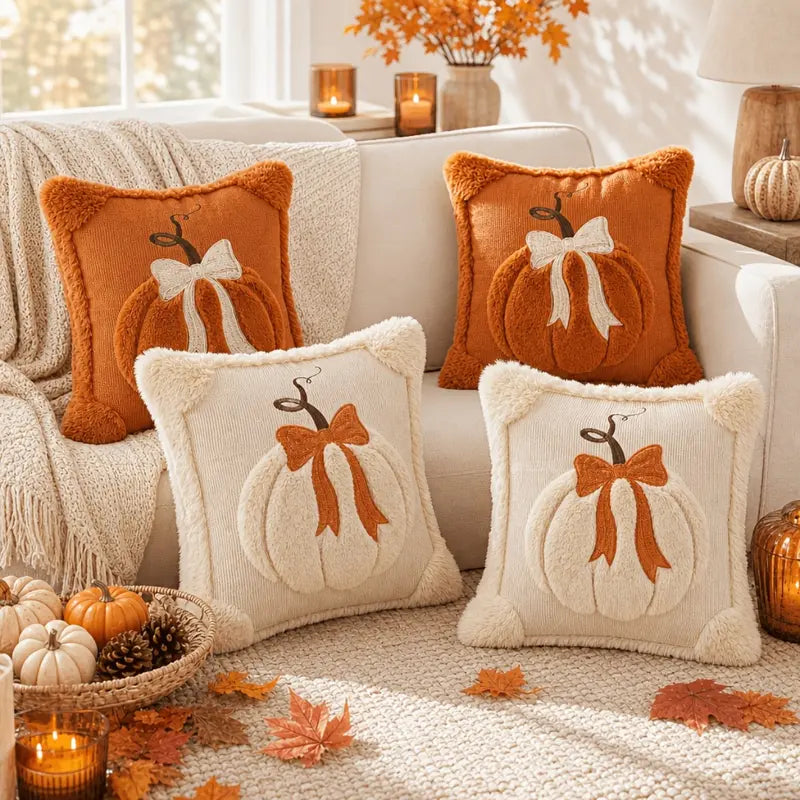 3D Jacquard Pumpkin Bow Cushion Covers, 18x18 in Home Replacement Options for Thanksgiving Farmhouse Decor (Covers Only)