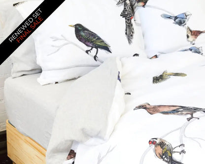 European Linen Duvet Cover Set | Fugle Print | Renewed